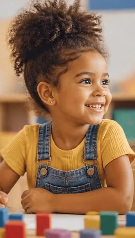 Menina sorrindo numa sala de creche