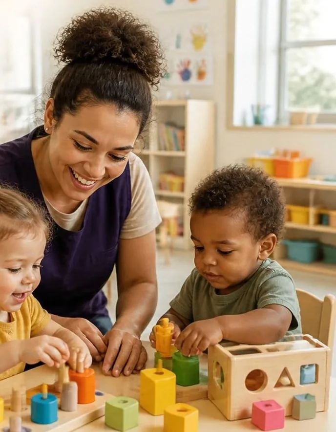 Educadora recebendo os bebês na creche