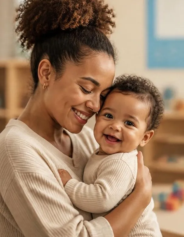 Mãe sorrindo com o bebê no colo